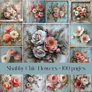 Shabby Chic flowers pages for junk journals and scrapbooking, digital paper, printable floral paper, vintage, ephemera, weathered, tattered