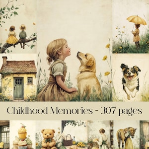 Páginas de recuerdos de la infancia, papel digital, diario basura, papel de álbum de recortes, niños, casa de la abuela, campo, cabaña, naturaleza, vintage