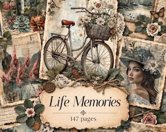 May include: A collage of vintage-style paper ephemera featuring a bicycle with a flower basket, a person in a hat, a boat, a cake, and glass jars. The central label reads Life Memories 147 pages, surrounded by floral accents and lace.