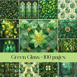 Pagine di vetro verde per diari spazzatura, scrapbooking, vetrate, vetri per finestre, disegni floreali, carta digitale botanica, carta stampabile