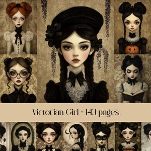 Fille victorienne, papier numérique, portrait, journal indésirable, éphémère vintage, poupée en porcelaine, fille gothique, esthétique gothique, dame, fille effrayante
