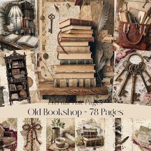 Antiek boekhandel digitaal papier, donkere Academia Junk Journal-pagina's (digitale download)