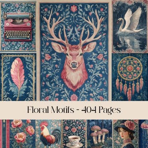 Floral Journal Seiten, Junk Journal, digitales Papier, Blumen Muster, Scrapbook Papier, blaues Papier, Vintage, viktorianisch, botanisch, Natur