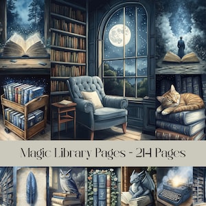 Pagine della biblioteca magica, libri celestiali, lettura, carta digitale, diario di scarto, carta per scrapbooking, cielo notturno, luna, mezzaluna, immagini di libri fantasy