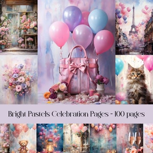 Bright Pastels Celebration Junk Journal Pages, scrapbook digital paper, birthday party, printable images, colourful, balloons, cake