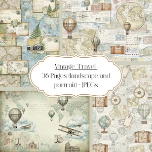 Könnte beinhalten: Eine Collage aus digitalen Papieren zum Thema Vintage-Reisen. Das Design zeigt Karten, Heißluftballons, alte Kameras, Postkarten und Reise-Ephemera. Der Text "Vintage Travel" und "36 Seiten (Quer- und Hochformat) - JPEGs" wird in einem dekorativen Rahmen angezeigt.