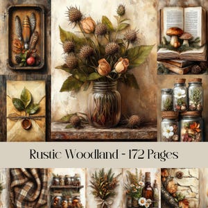 Pages rustiques des bois, papier numérique, journal indésirable, botanique, papier de scrapbooking, automne, feuilles, feuillage, thème de la forêt, images imprimables