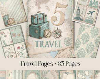 May include: A set of 85 digital scrapbook paper pages with a travel theme. The pages feature a vintage style with a blue and brown color scheme. The pages include images of suitcases, maps, compasses, and airplanes. The text "TRAVEL" is featured on one of the pages.