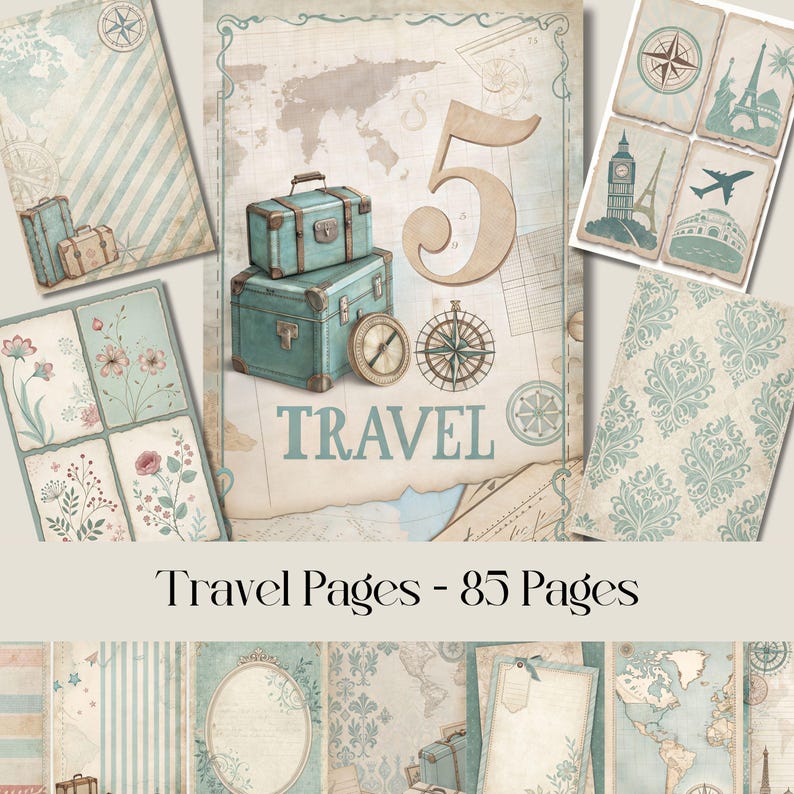 May include: A set of 85 digital scrapbook paper pages with a travel theme. The pages feature a vintage style with a blue and brown color scheme. The pages include images of suitcases, maps, compasses, and airplanes. The text "TRAVEL" is featured on one of the pages.