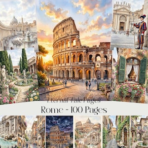 Puede incluir: Una colección de pinturas a la acuarela que representan monumentos romanos icónicos, como el Coliseo, la Basílica de San Pedro y encantadoras escenas callejeras. La obra de arte presenta una paleta de colores cálidos con representaciones arquitectónicas detalladas. El texto "Eternal Tale Pages" y "Rome - 100 Pages" es visible.