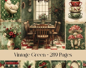 Vintage Green Digital Paper, Junk Journal Ephemera (289 Pages) (Digital Download)