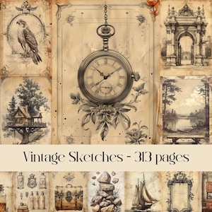Vintage schetspagina's voor plakboek en Junk Journal, antieke afbeeldingen, digitale ephemera, digitaal papier, afdrukbaar papier, oud gekleurd papier