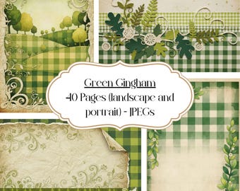Green Gingham Digital Paper: Farmhouse Scrapbook Backgrounds (Digital Download)
