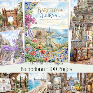 Può includere: Un diario di Barcellona da 100 pagine con illustrazioni ad acquerello di monumenti, viste costiere e motivi a mosaico. La copertina riporta il testo Barcelona Journal, Mosaics, Sunshine & Sea Breeze, Espana e Eternal Tale Pages.