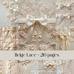 Immagini di pizzo beige per scrapbooking e junk journal, carta digitale, texture di tessuto, colore avorio chiaro, pizzo con fiocco e perle, stampabile
