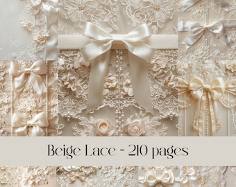 Beige Lace Digital Paper: Bows & Pearls for Junk Journals (Digital Download)