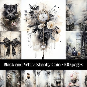 Zwart-wit Shabby Chic Junk Journal-pagina's, scrapbooking, achtergrondafbeeldingen, afdrukbare afbeeldingen, vintage ephemera, digitaal papier