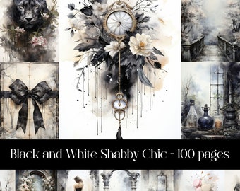 Black and White Shabby Chic Junk Journal pages, scrapbooking, background images, printable graphics, vintage ephemera, digital paper