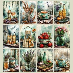 May include: A collection of watercolor paintings featuring rustic kitchen and garden themes. Images include wine bottles, wheat stalks, a teacup, a bowl of tomatoes, a floral apron, and a teapot. The color palette is soft, with muted greens, blues, and yellows.