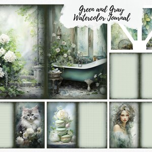 Doppia pagina verde e grigia, diario spazzatura, carta per scrapbooking, natura, carta stampabile, journaling, carta digitale, shabby chic