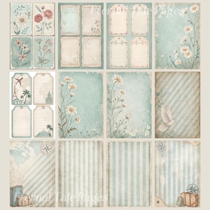 May include: A set of 12 digital printable scrapbook papers featuring a vintage travel theme with blue and white stripes, floral designs, and a compass. The papers include text boxes for journaling and photos.