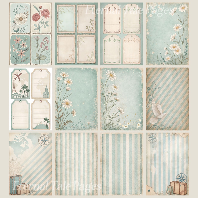 May include: A set of 12 digital printable scrapbook papers featuring a vintage travel theme with blue and white stripes, floral designs, and a compass. The papers include text boxes for journaling and photos.