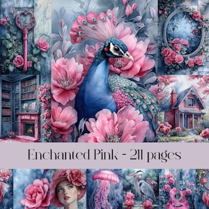 Op de afbeelding: Een digitale collage met een pauw met roze bloemen, een sleutel, een huis, een gitaar, een kwal en een reiger. De collage heeft een roze en blauwe kleurstelling en de tekst "Enchanted Pink - 211 pages".