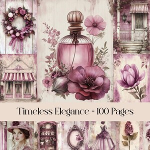 Pagine di eleganza senza tempo, floreale, viola, rosa, femminile, diario spazzatura, carta digitale, album, effimeri vintage, carino, stampabile
