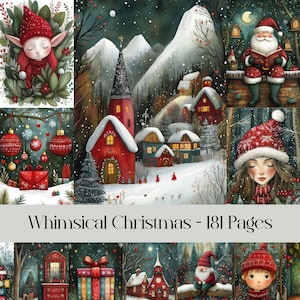 Puede incluir: Una colección de ilustraciones navideñas caprichosas. La obra de arte presenta elfos, Papá Noel, casas cubiertas de nieve y decoraciones festivas. La paleta de colores incluye rojos, verdes y blancos, creando un ambiente navideño acogedor y mágico. El texto "Whimsical Christmas - 181 Pages" también es visible.
