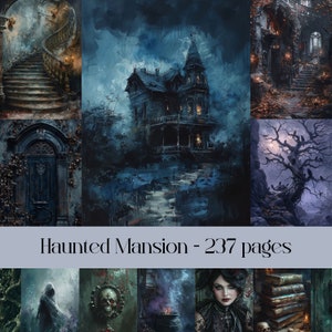 Pagine di Haunted Mansion per album e diario spazzatura, Halloween, spettrale, tema gotico, mistero, creature notturne, vampiri, luogo abbandonato