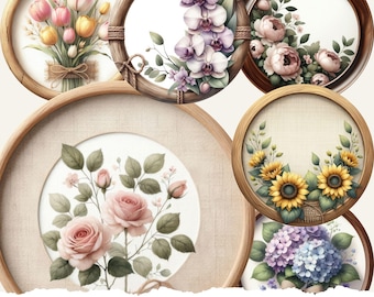 Floral Round Wooden Frames: Botanical Scrapbook Embellishments (Digital Download)