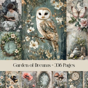 Strony Garden of Dreams, papier cyfrowy, dziennik śmieciowy, papier do scrapbookingu, shabby chic, natura, vintage, efemerydy, wiktoriański, pobieranie cyfrowe
