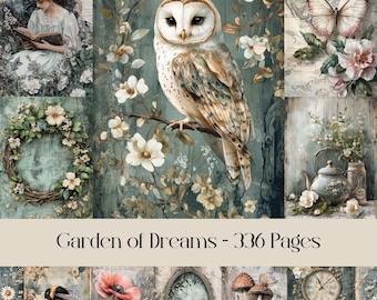 May include: A collage of images with a whimsical garden theme.  The collage includes a white owl perched on a branch with white flowers, a woman reading a book, a wreath of flowers, a butterfly, a teapot, a clock, mushrooms, and a bee.