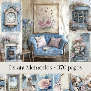 Distant Memories Pages, digitaal papier, plakboekpapier, junkjournal, pastelblauw, shabby chic, vintage decor, bloemen, boeken, antiek
