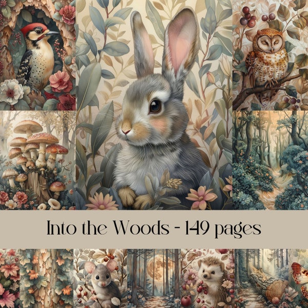 Into the Woods paper for Scrapbook and Junk journal, digital paper, animals, forest, wilderness, nature, botanical images, printable paper