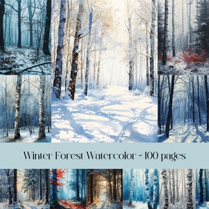 Páginas de diário de lixo de floresta de inverno em aquarela, papel para scrapbook, imagens de florestas, paisagens nevadas, imagens da natureza, colagem, pinturas de bosques