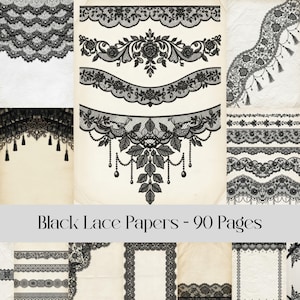 Könnte beinhalten: Eine Sammlung schwarzer Spitzendesigns auf cremefarbenem Hintergrund. Die Designs umfassen verschiedene Spitzenbordüren mit floralen und geometrischen Mustern, Quasten und Perlenelementen. Der Text "Black Lace Papers - 90 Pages" ist unten zu sehen.