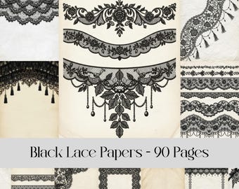 Digitales Papier mit schwarzer Spitze: Vintage Blumen Bordüren (Digital Download)