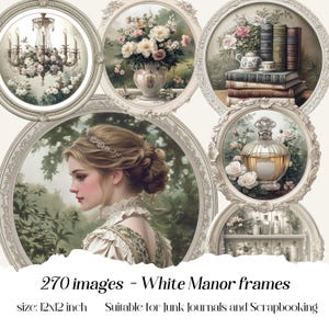 Puede incluir: 270 imágenes digitales de marcos blancos ornamentados con varios diseños florales y decorativos. Los marcos miden 30,5 cm por 30,5 cm y son adecuados para diarios de desecho y scrapbooking.