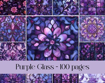 Purple Glass pages, junk journal, scrapbook paper, stained glass images, collage, window glass, floral, printable paper, digital paper