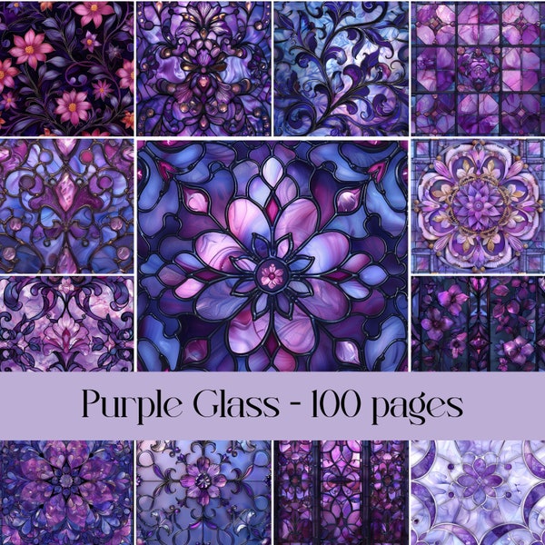 Purple Glass pages, junk journal, scrapbook paper, stained glass images, collage, window glass, floral, printable paper, digital paper