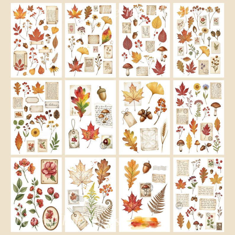 May include: Twelve sticker sheets with watercolour illustrations of autumn leaves, acorns, mushrooms, and vintage ephemera. The colour palette includes warm tones of red, orange, yellow, and brown, ideal for scrapbooking and craft projects.