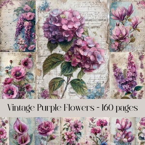 Fleurs vintage violettes, papier numérique, scrapbooking, journal indésirable, images imprimables, floral, lilas, botanique, nature, style collage, éphémère