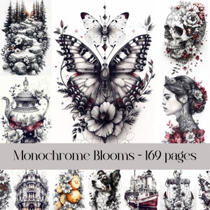 Monochrome bloemenpagina's voor plakboek en junkjournaal, digitaal papier, bloemenafbeeldingen, zwart-wit, bloemen, dieren, gebouwen, deuren