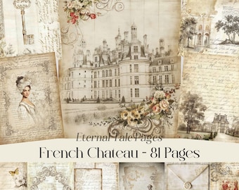Französische Junk Journal Seiten, Chateau, Paris, Shabby Chic Floral Collage (Digitaler Download)