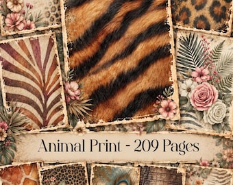 Vintage Animal Print Digital Paper, Safari Textures, Boho Floral Scrapbook Pages (Digital Download)