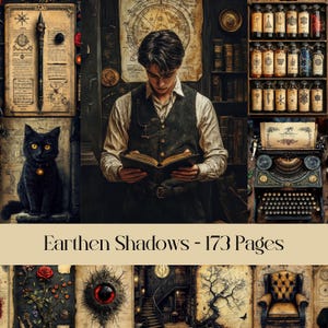 Earthen Shadows, donkere academische wereld, magie, fantasie, digitaal papier, junk journal, scrapbooking, perkament, halloween, gothic, tovenaars, heksen