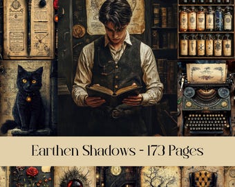 May include: A collage of images with a dark, gothic aesthetic. The central image features a man in a vest reading a book. Other images include a black cat, a vintage typewriter, a bottle of potion, and a map with a compass.