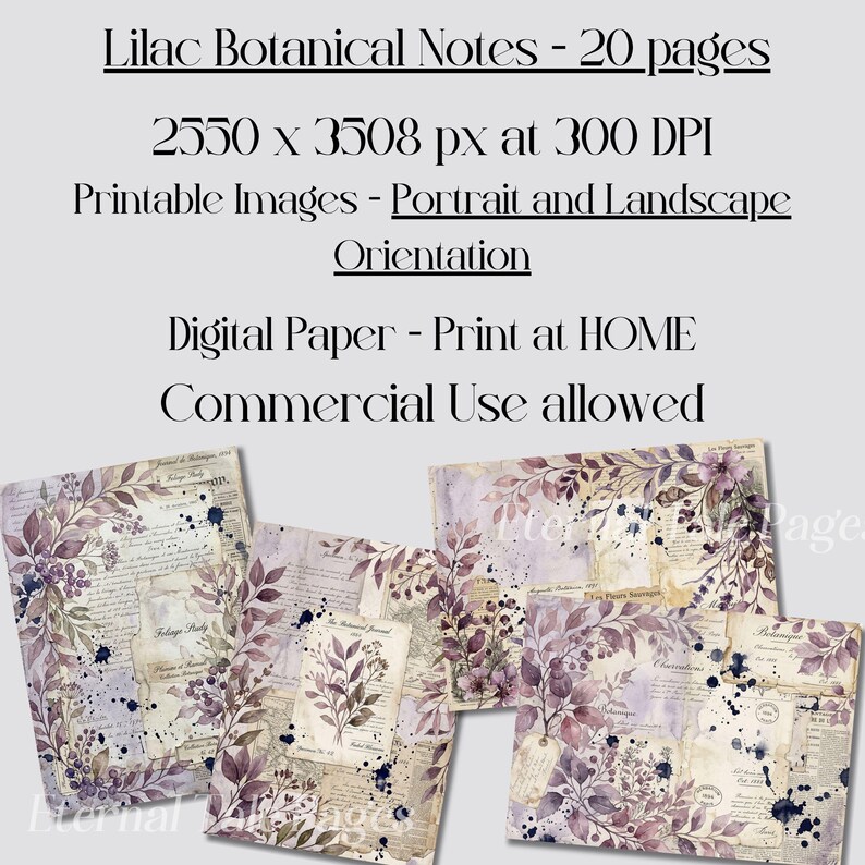 Lilac Botanical Digital Paper, Vintage Herbarium Journal Pages, Purple ...