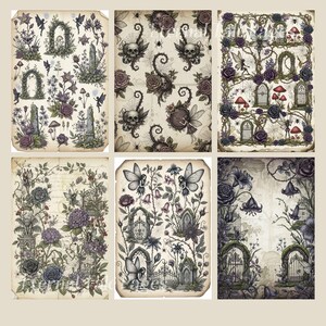 Pu&ograve; includere: Una collezione di sei stampe in stile vintage con temi gotici e fantasy. Le stampe presentano illustrazioni di fate, teschi, rose, cancelli ad arco ed elementi botanici in tonalit&agrave; viola, verde e crema. L'opera d'arte ha un aspetto invecchiato.